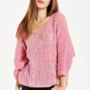 Women's Pink Loose Knit Jumper with Wide Sleeves and Metallic Detail
