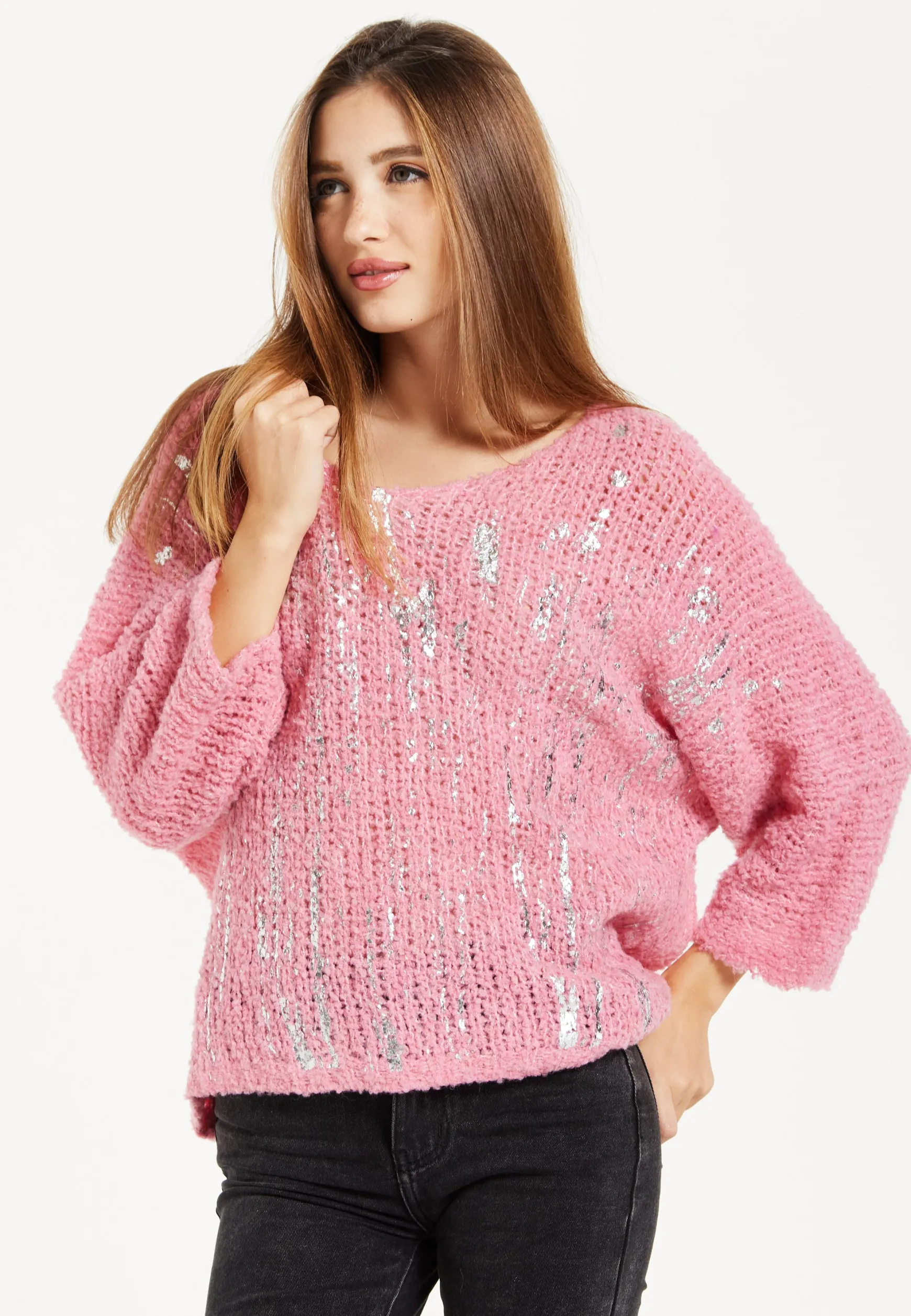 Women's Pink Loose Knit Jumper with Wide Sleeves and Metallic Detail