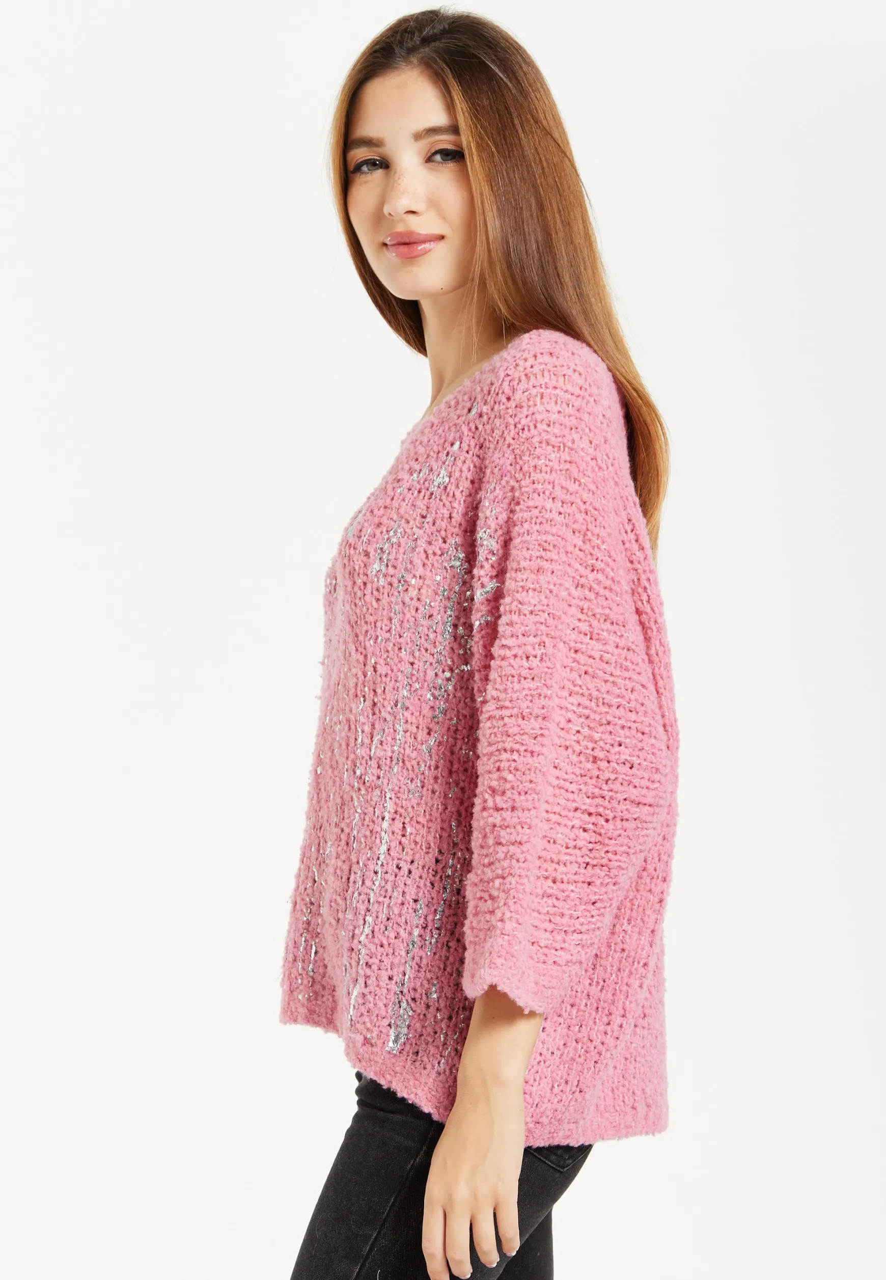 Women's Pink Loose Knit Jumper with Wide Sleeves and Metallic Detail