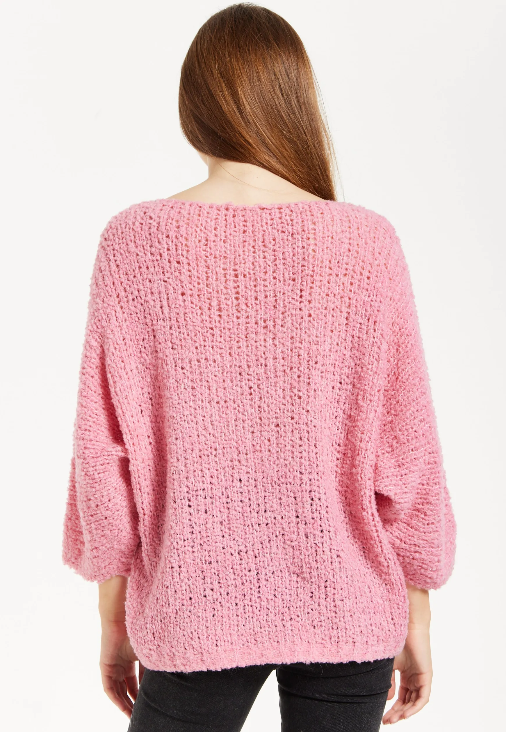 Women's Pink Loose Knit Jumper with Wide Sleeves and Metallic Detail