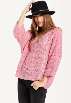 Women's Pink Loose Knit Jumper with Wide Sleeves and Metallic Detail