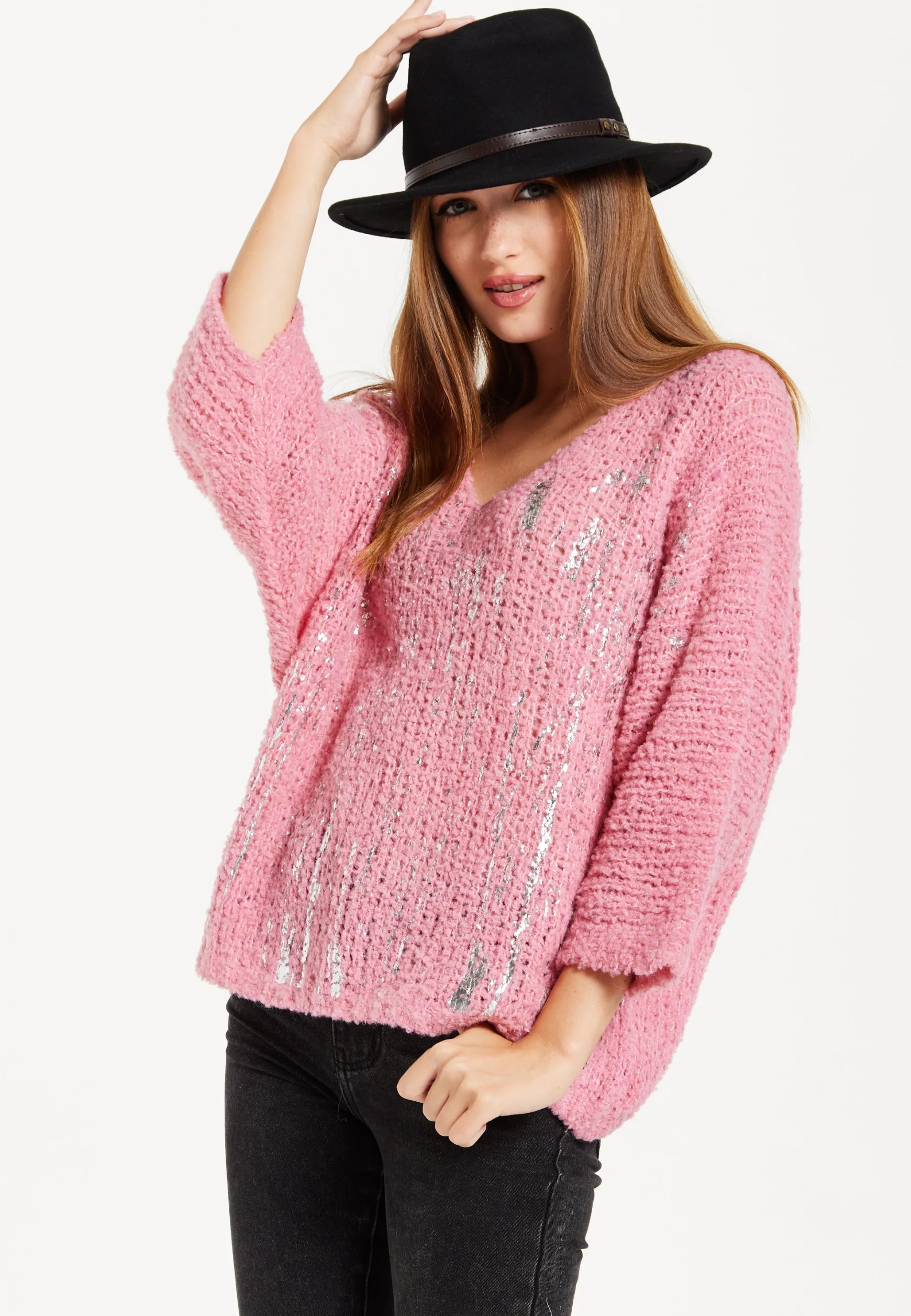 Women's Pink Loose Knit Jumper with Wide Sleeves and Metallic Detail