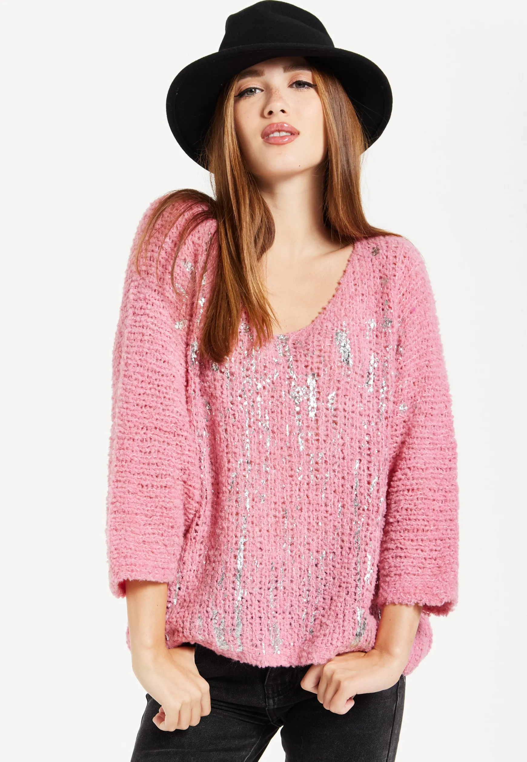 Women's Pink Loose Knit Jumper with Wide Sleeves and Metallic Detail