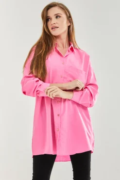 Women's Pink Oversized Shirt - Classic Style, Full Length Sleeves, Tie Side, Regular Fit, Available in Sizes S, M, L
