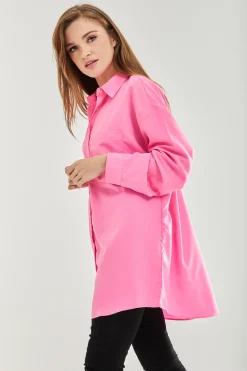 Women's Pink Oversized Shirt - Classic Style, Full Length Sleeves, Tie Side, Regular Fit, Available in Sizes S, M, L