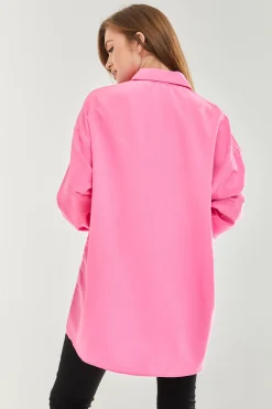 Women's Pink Oversized Shirt - Classic Style, Full Length Sleeves, Tie Side, Regular Fit, Available in Sizes S, M, L