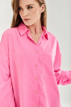 Women's Pink Oversized Shirt - Classic Style, Full Length Sleeves, Tie Side, Regular Fit, Available in Sizes S, M, L