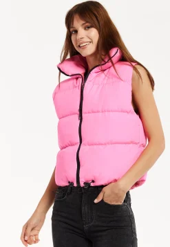 Women's Pink Puffer Vest with Drawstring Hem and High Collar for Cozy Layering
