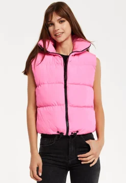 Women's Pink Puffer Vest with Drawstring Hem and High Collar for Cozy Layering