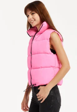 Women's Pink Puffer Vest with Drawstring Hem and High Collar for Cozy Layering