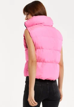 Women's Pink Puffer Vest with Drawstring Hem and High Collar for Cozy Layering