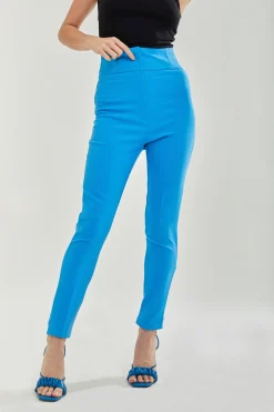 Women's Plain Blue Skinny Ankle Length Trousers with Zip Closure - Liquorish