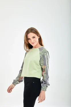 Women's Printed Raglan Sleeve Crop Sweat - Long sleeves, elasticated cuffs, regular fit, available in UK sizes 8-12.