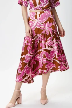 Women's Purple Floral Asymmetric Pleated Midi Skirt with High Waist - Regular Fit, 100% Polyester, Liquorish