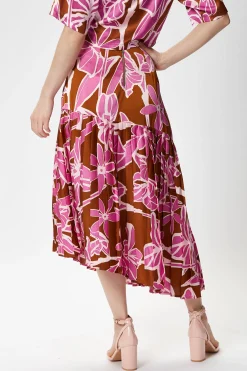 Women's Purple Floral Asymmetric Pleated Midi Skirt with High Waist - Regular Fit, 100% Polyester, Liquorish