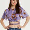 Women's Purple Floral Crop Top With Tie Detail and Short Sleeves