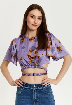 Women's Purple Floral Crop Top With Tie Detail and Short Sleeves