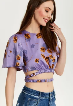 Women's Purple Floral Crop Top With Tie Detail and Short Sleeves