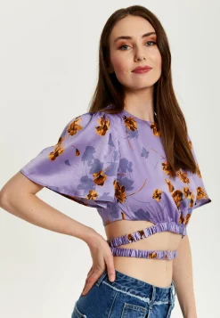 Women's Purple Floral Crop Top With Tie Detail and Short Sleeves