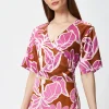 Women's Purple Floral Short Sleeve Top with Crossover Front and V Neck - Regular Fit, True to Size, 100% Polyester