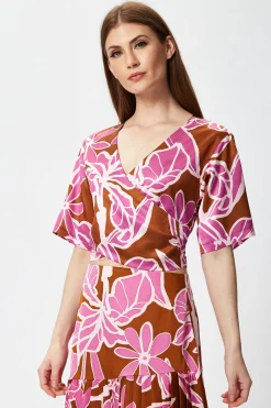 Women's Purple Floral Short Sleeve Top with Crossover Front and V Neck - Regular Fit, True to Size, 100% Polyester