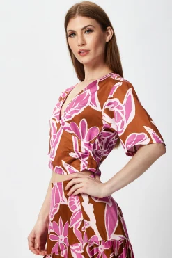 Women's Purple Floral Short Sleeve Top with Crossover Front and V Neck - Regular Fit, True to Size, 100% Polyester