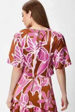 Women's Purple Floral Short Sleeve Top with Crossover Front and V Neck - Regular Fit, True to Size, 100% Polyester