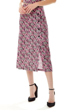 Women's Purple Midi Skirt with Mixed Animal Print, Front Buttons, Side Slit - Liquorish