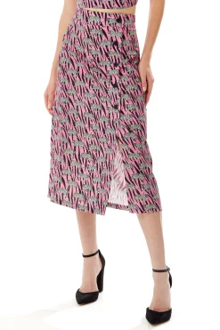 Women's Purple Midi Skirt with Mixed Animal Print, Front Buttons, Side Slit - Liquorish