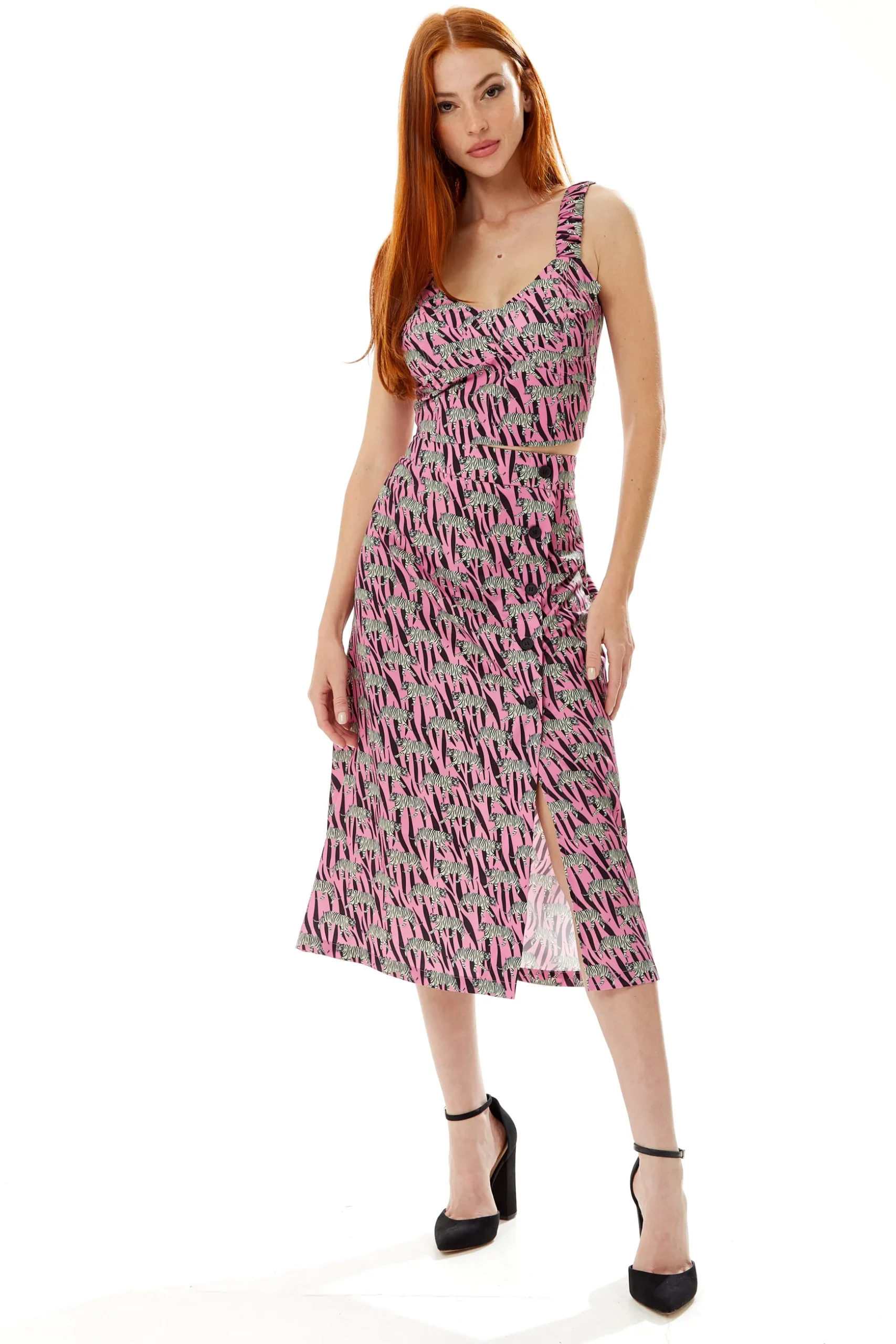 Women's Purple Midi Skirt with Mixed Animal Print, Front Buttons, Side Slit - Liquorish