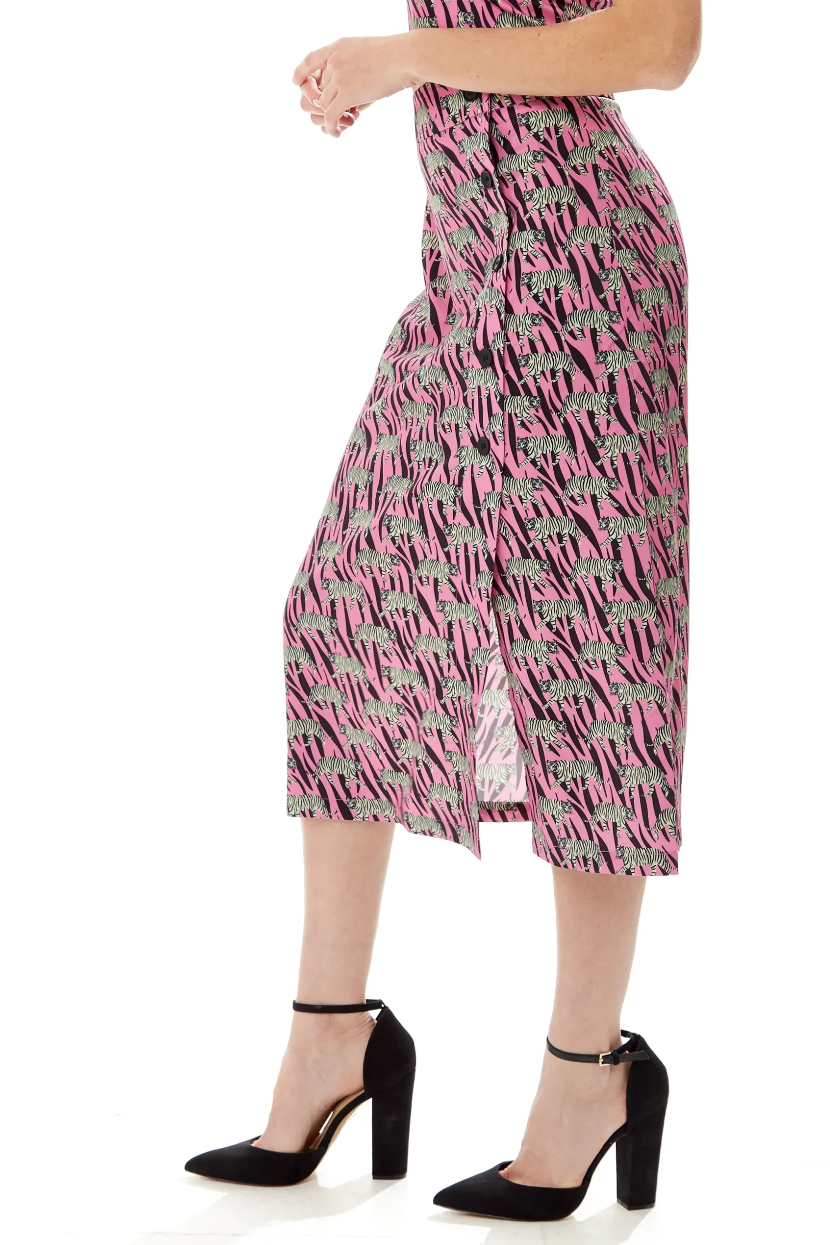 Women's Purple Midi Skirt with Mixed Animal Print, Front Buttons, Side Slit - Liquorish