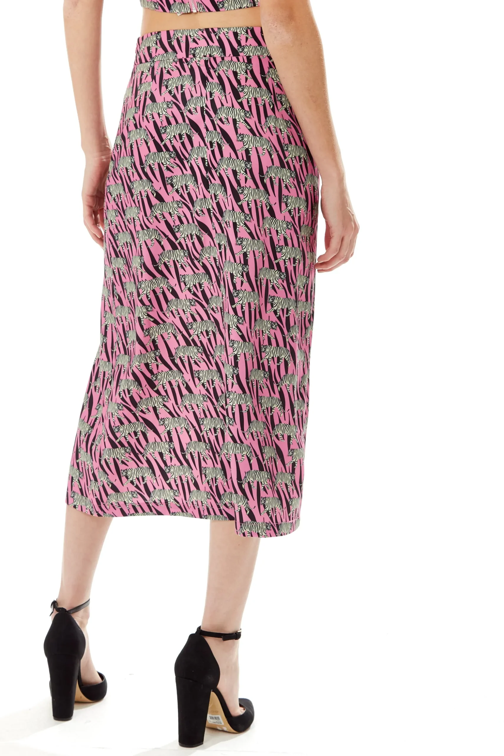 Women's Purple Midi Skirt with Mixed Animal Print, Front Buttons, Side Slit - Liquorish