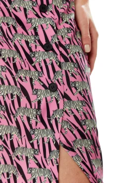 Women's Purple Midi Skirt with Mixed Animal Print, Front Buttons, Side Slit - Liquorish