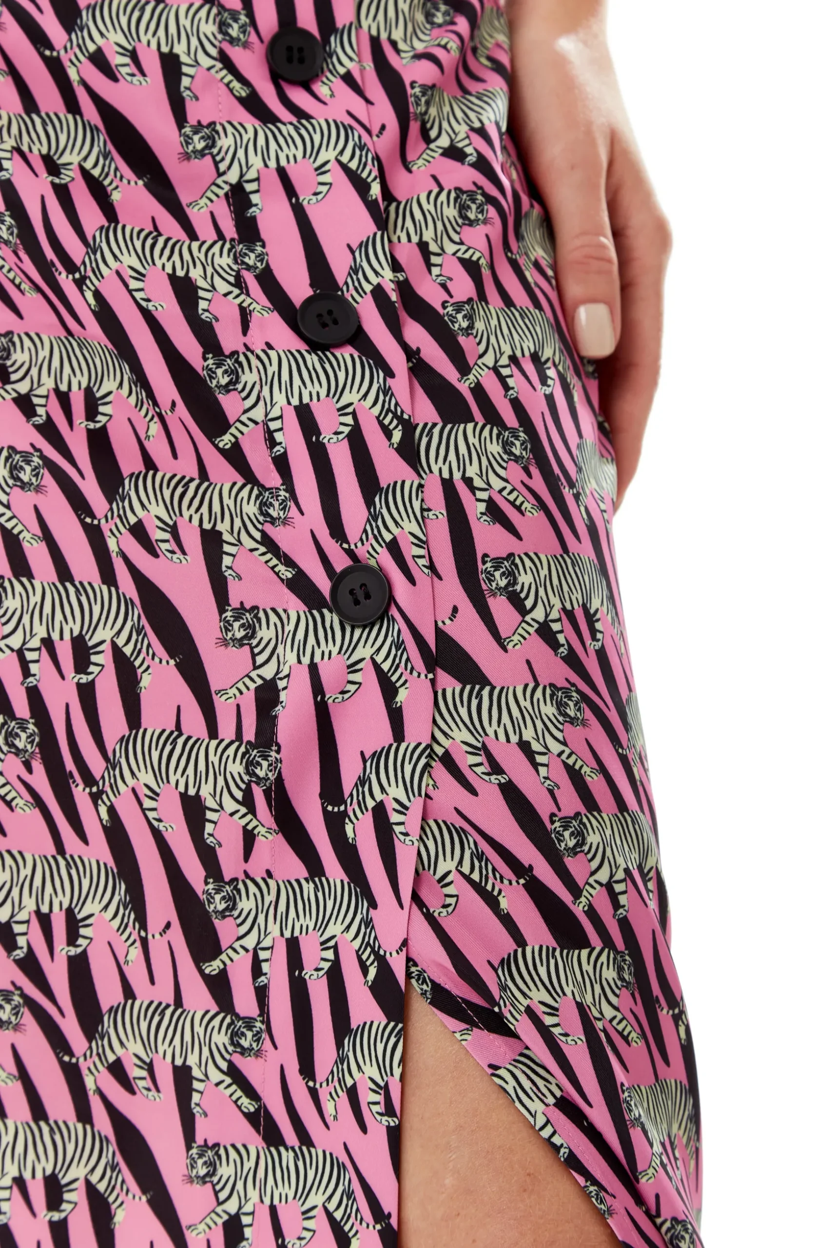 Women's Purple Midi Skirt with Mixed Animal Print, Front Buttons, Side Slit - Liquorish