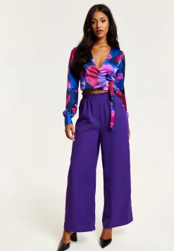 Women’s Purple Wide Leg Trousers with High Waist, Elasticated Waist & Front Pockets - Liquorish