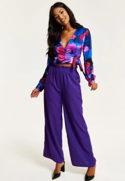 Women’s Purple Wide Leg Trousers with High Waist, Elasticated Waist & Front Pockets - Liquorish