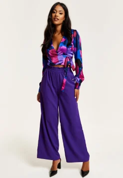 Women’s Purple Wide Leg Trousers with High Waist, Elasticated Waist & Front Pockets - Liquorish
