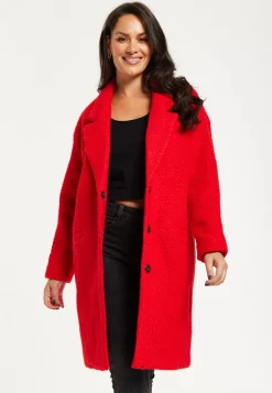 Women's Red Bouclé Coat with Notch Lapels, Dropped Shoulders & Relaxed Fit - Liquorish