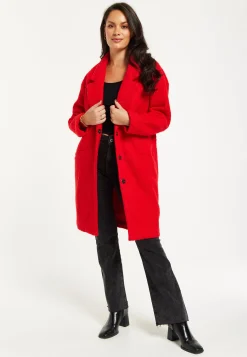 Women's Red Bouclé Coat with Notch Lapels, Dropped Shoulders & Relaxed Fit - Liquorish