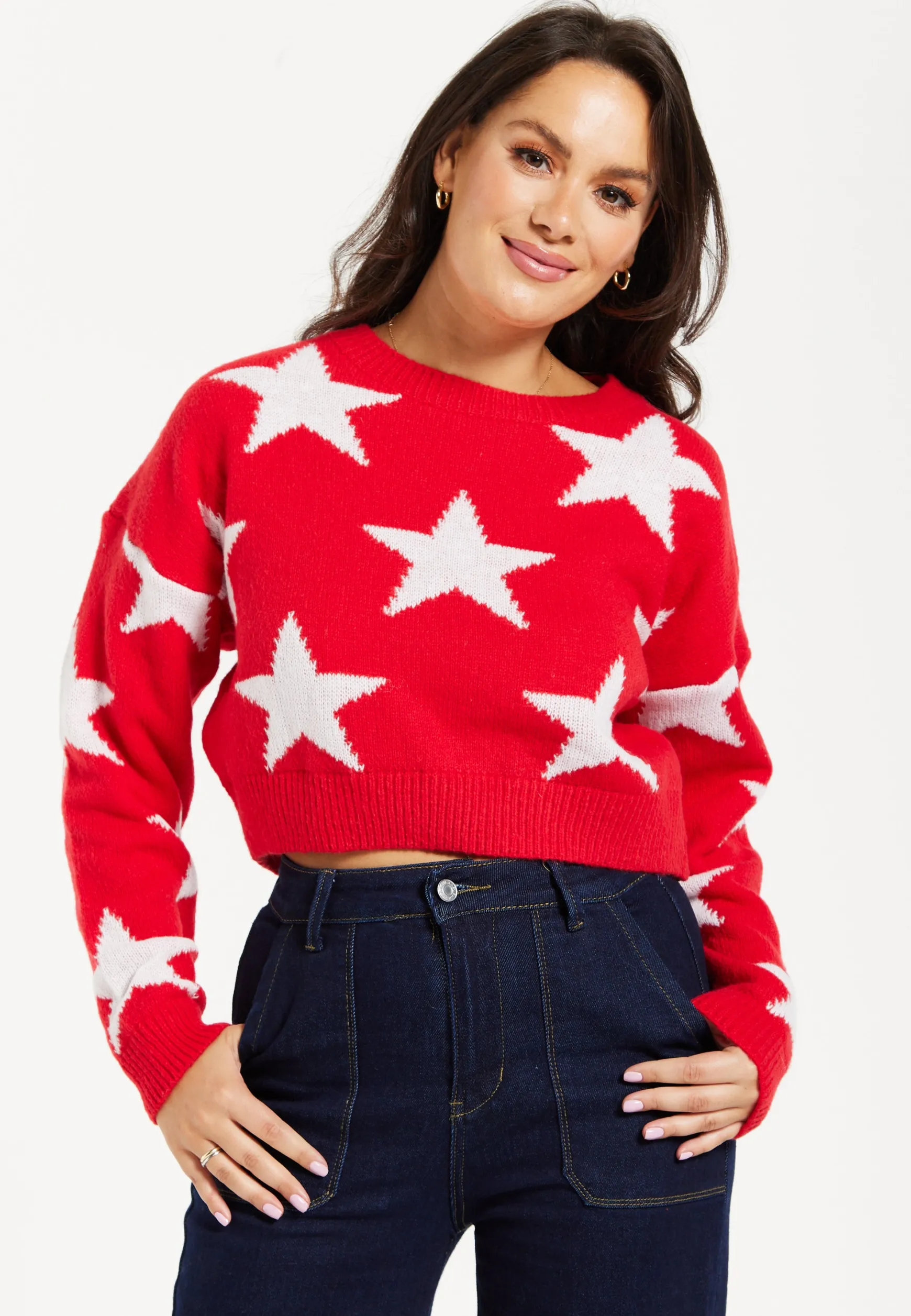Women's Red Cropped Long Sleeve Jumper with Unique Star Pattern by Liquorish