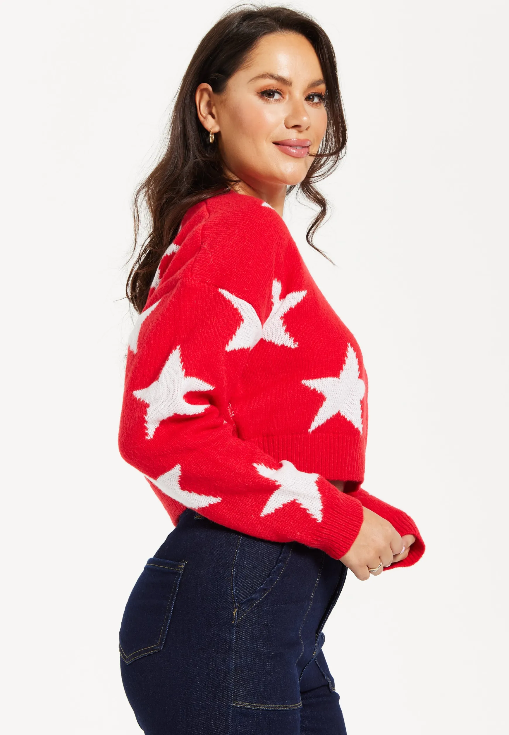 Women's Red Cropped Long Sleeve Jumper with Unique Star Pattern by Liquorish