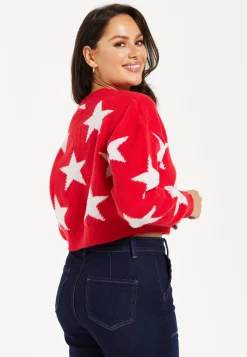 Women's Red Cropped Long Sleeve Jumper with Unique Star Pattern by Liquorish
