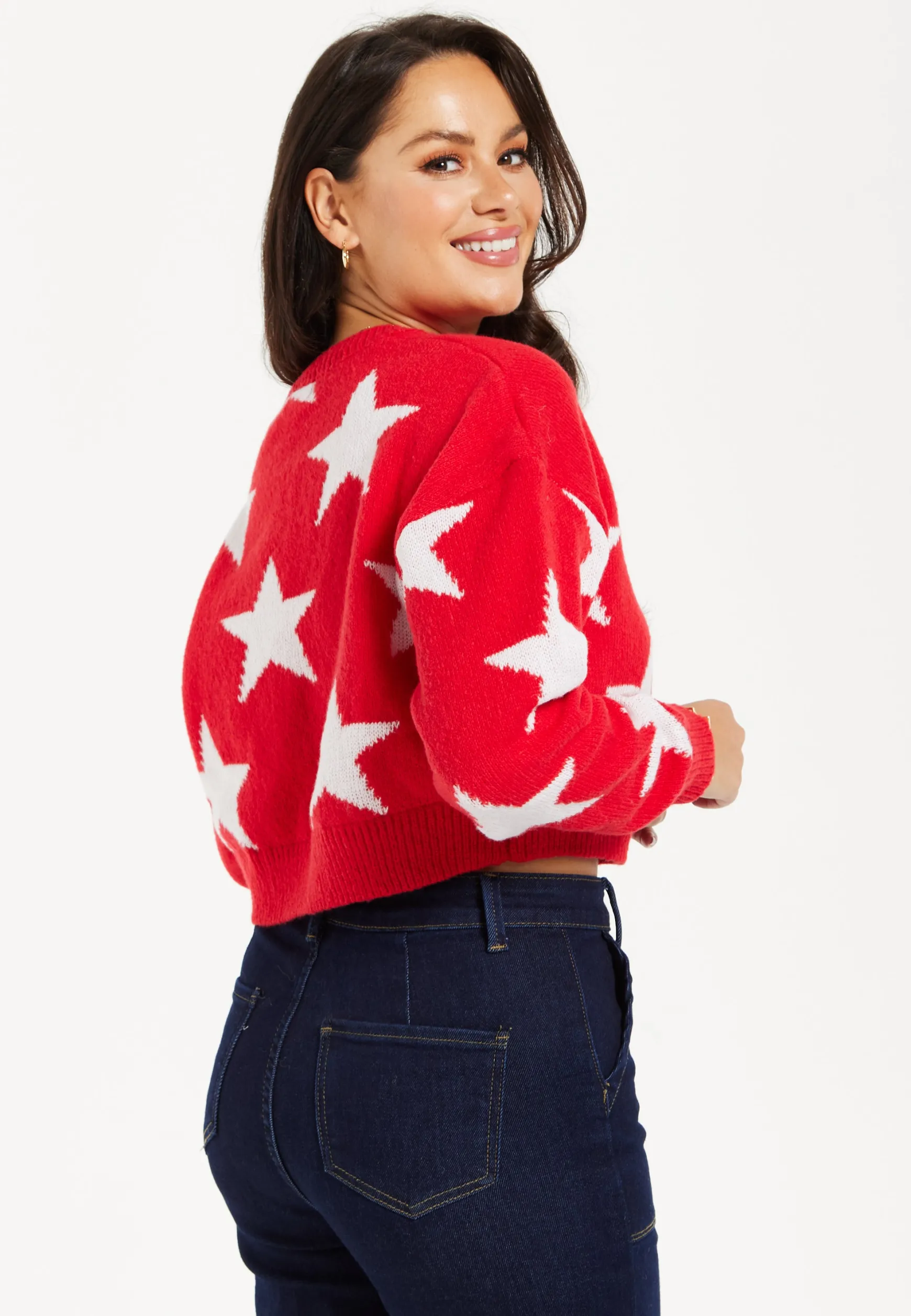 Women's Red Cropped Long Sleeve Jumper with Unique Star Pattern by Liquorish