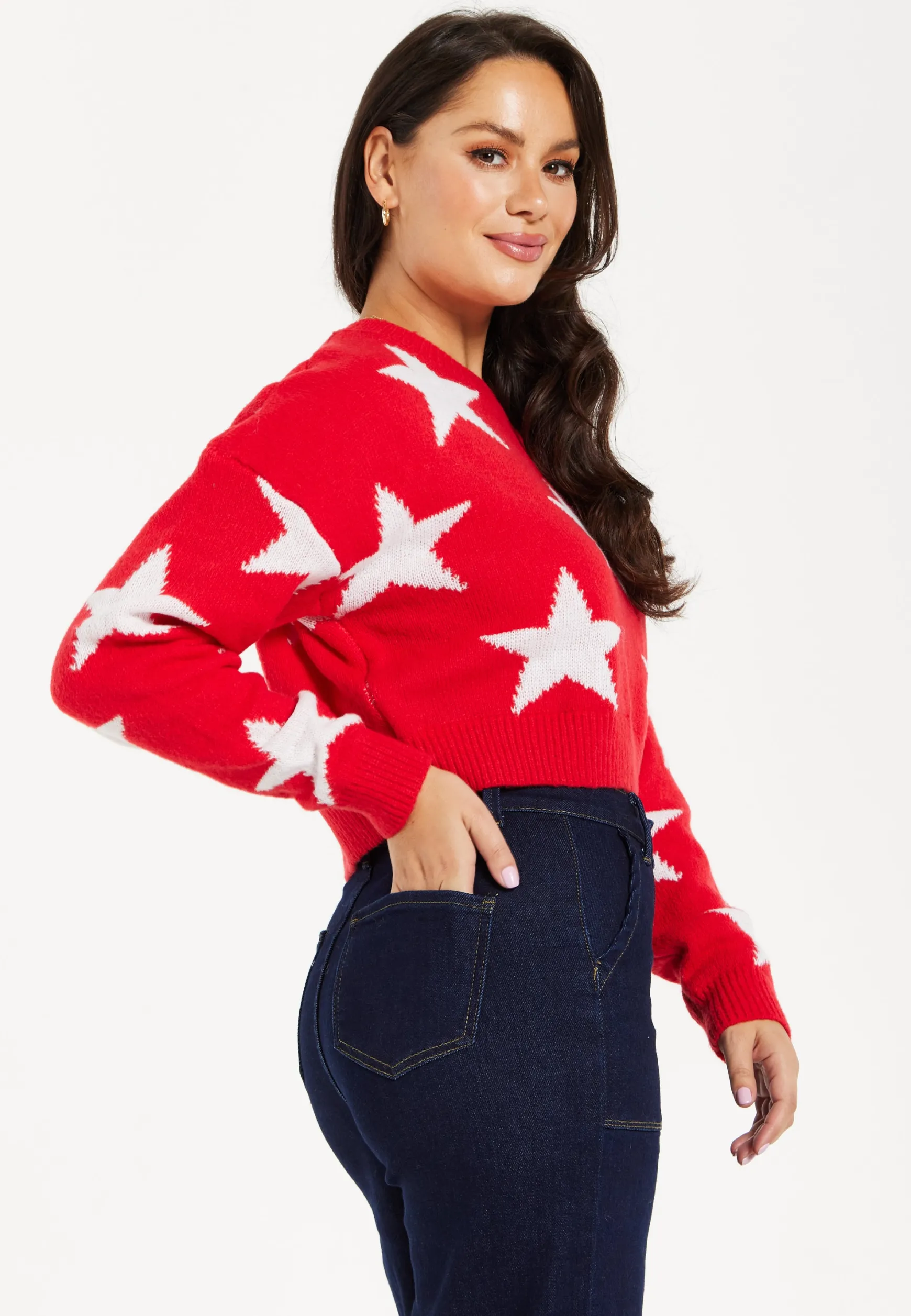 Women's Red Cropped Long Sleeve Jumper with Unique Star Pattern by Liquorish
