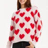 Women's Red Heart-Print Knit Jumper with Long Sleeves - Cozy and Playful Liquorish Design