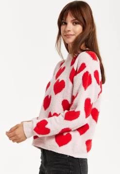 Women's Red Heart-Print Knit Jumper with Long Sleeves - Cozy and Playful Liquorish Design
