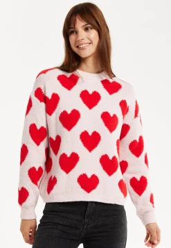 Women's Red Heart-Print Knit Jumper with Long Sleeves - Cozy and Playful Liquorish Design