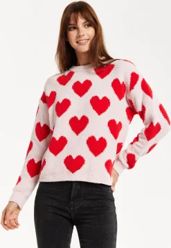 Women's Red Heart-Print Knit Jumper with Long Sleeves - Cozy and Playful Liquorish Design