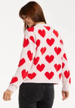 Women's Red Heart-Print Knit Jumper with Long Sleeves - Cozy and Playful Liquorish Design