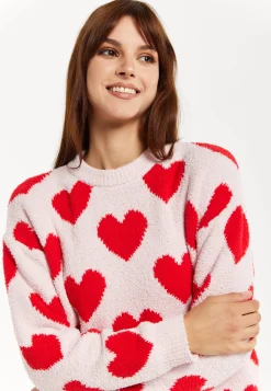 Women's Red Heart-Print Knit Jumper with Long Sleeves - Cozy and Playful Liquorish Design